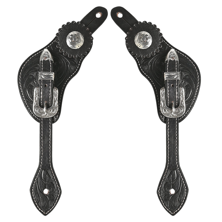 Hilason Western Leather Spur Straps Black With Concho - Uhorse