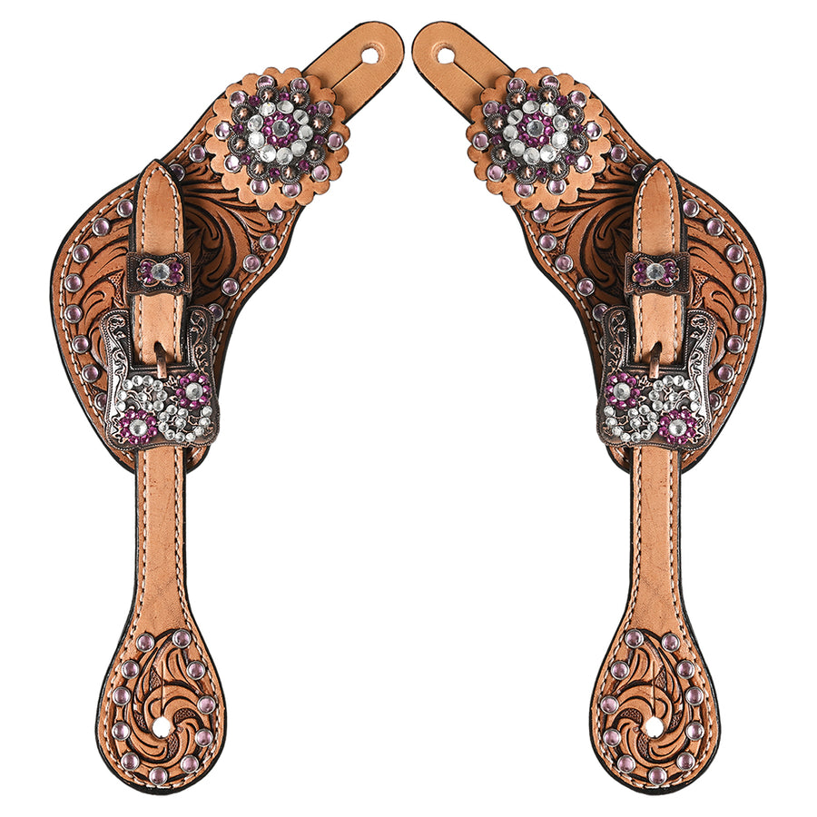 Hilason Western Leather Spur Straps Brown Floral Crystals Bling Pink - Uhorse