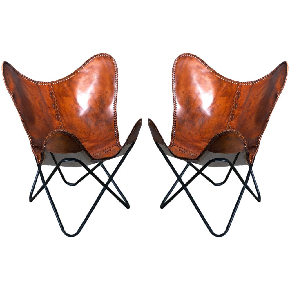 Pair Genuine Leather Butterfly Chair Folding Modern Sling Accent Seat
