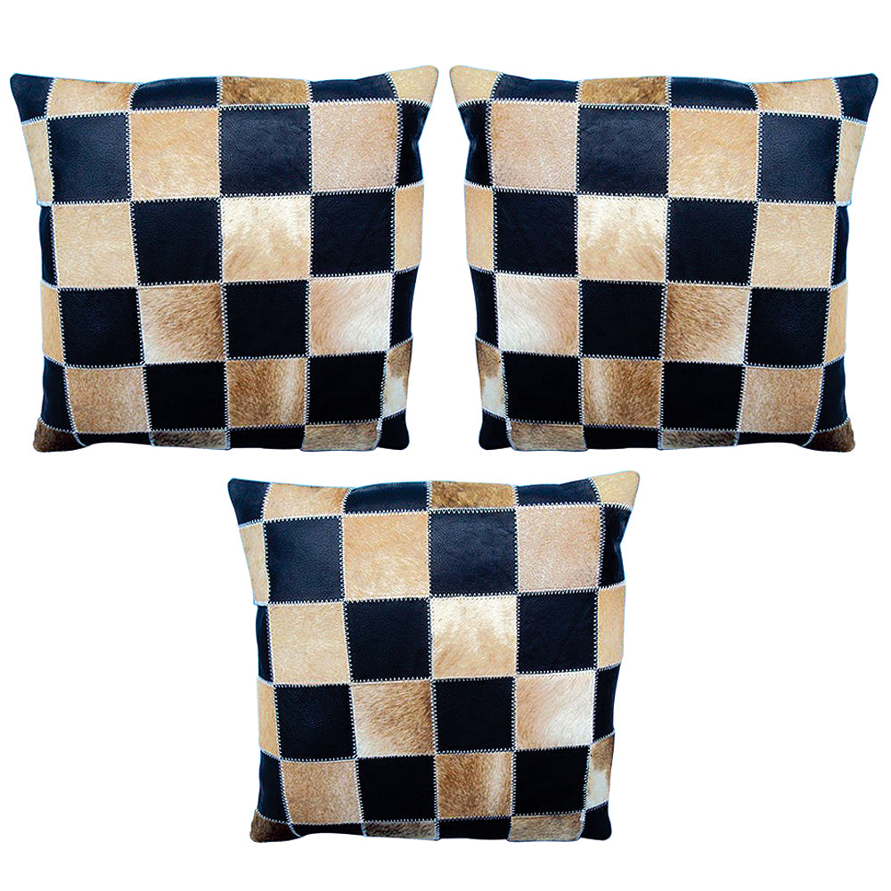 Set Of 3 Smooth Leather Patchwork Cushion Pillow Cover 16 X