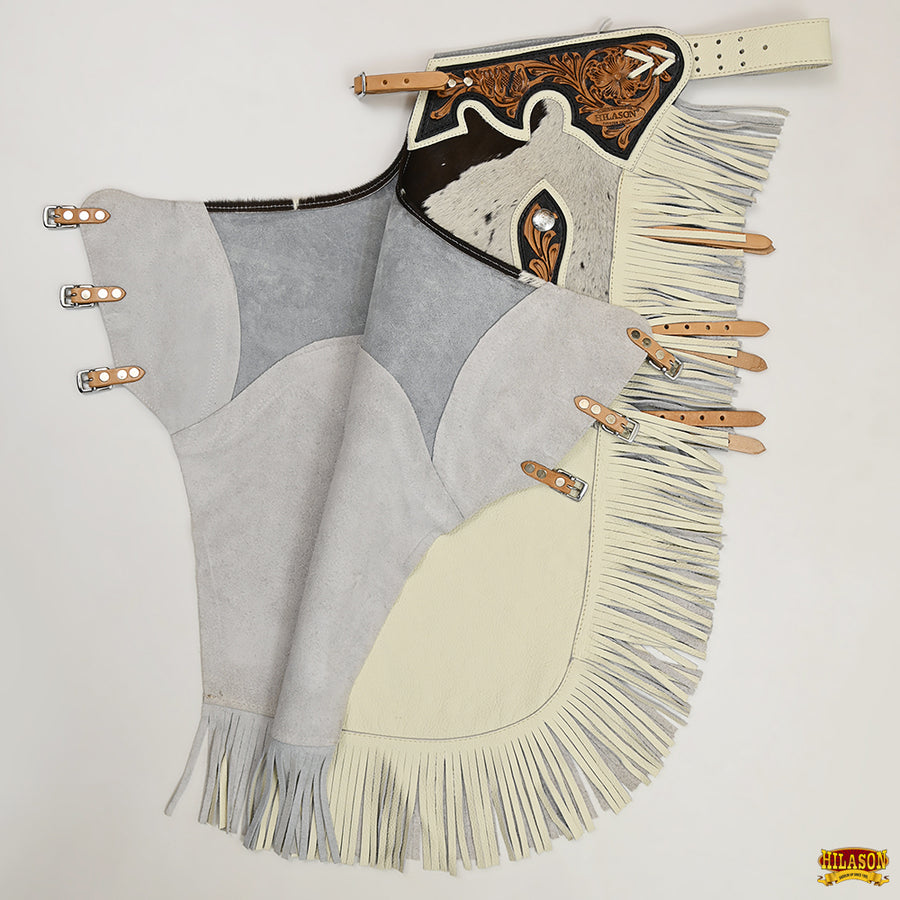 HILASON Bull Riding Chinks Adult Pro Rodeo Bronc Leather White | Handmade Chaps Western for Adults Hand Tooled