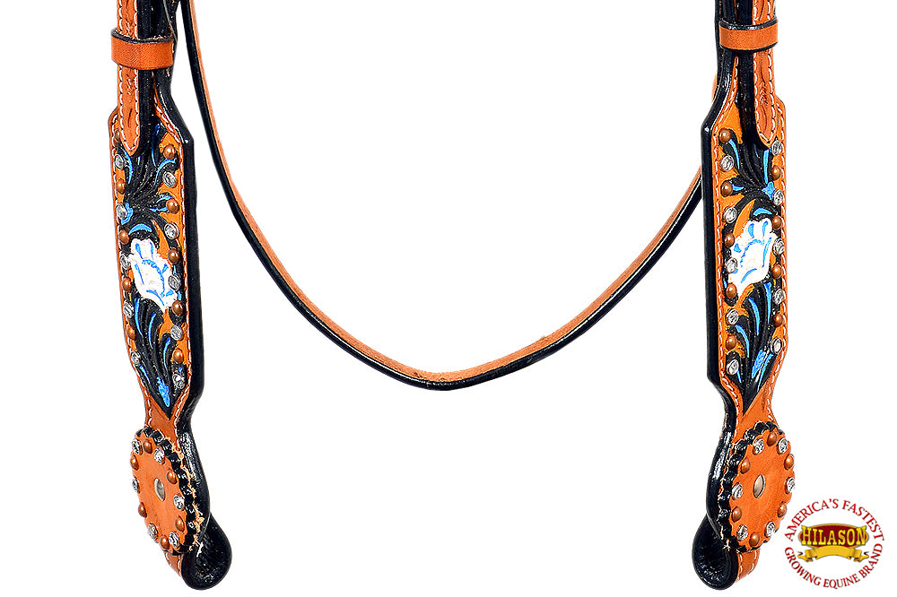 Hilason Western Horse Headstall Bridle American Leather Tan Floral Black Inlay