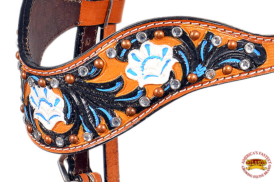 HILASON Western Horse Headstall Bridle American Leather Tan Floral Black