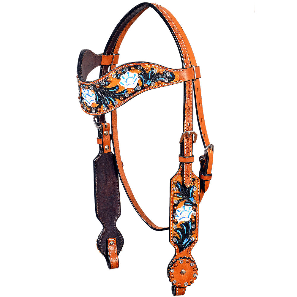 Hilason Western Horse Headstall Bridle American Leather Tan Floral Black Inlay