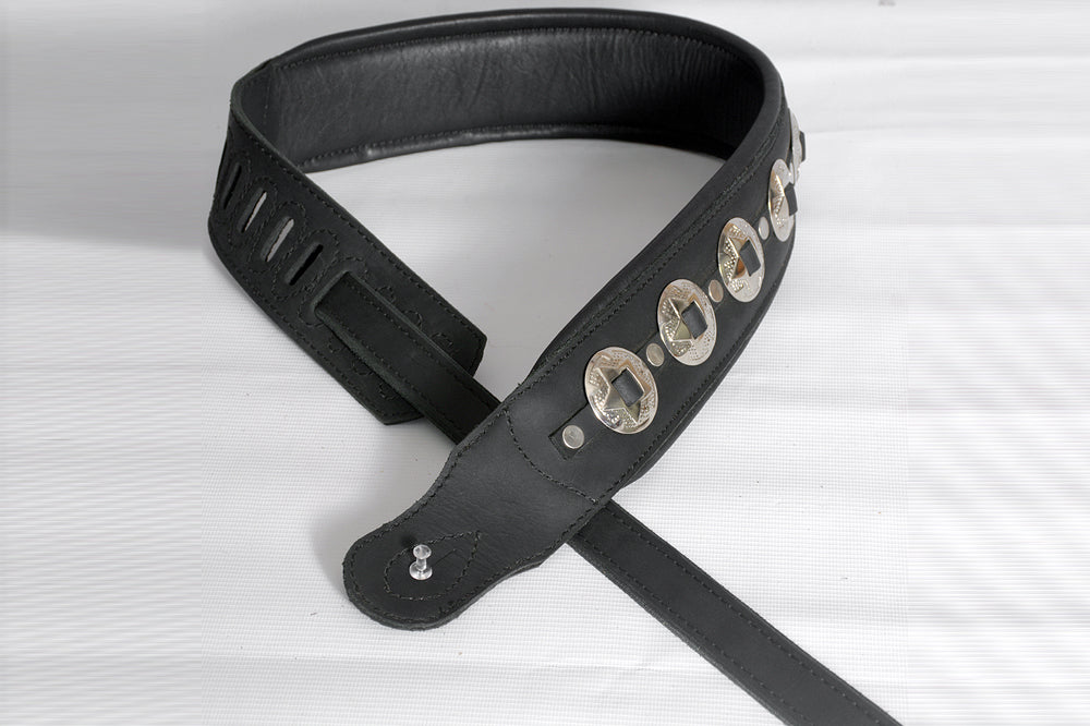 Leather Guitar Bass Strap 3.25" Concho Dual Padded Black Great American