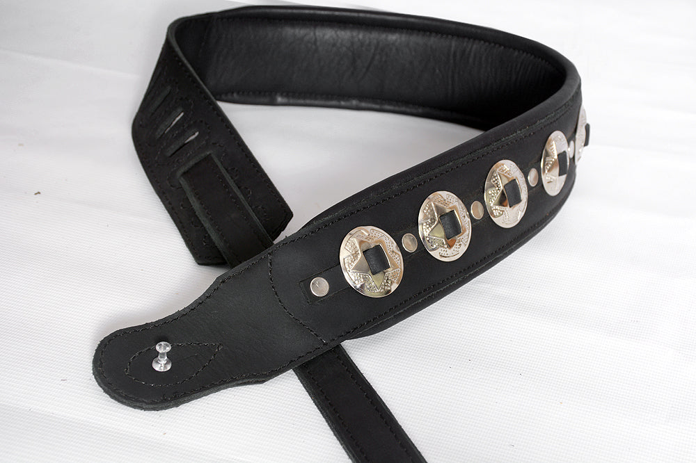Leather Guitar Bass Strap 3.25" Concho Dual Padded Black Great American