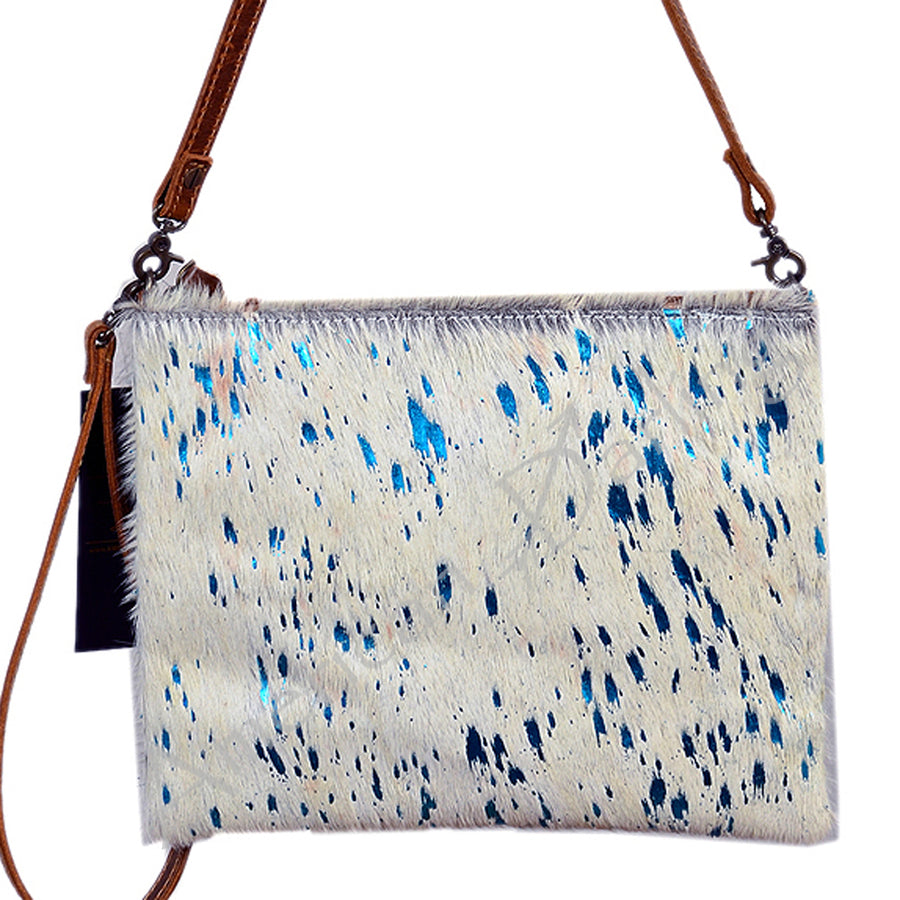 White and blue speckled hair-on cowhide crossbody bag with brown leather strap - Uhorse