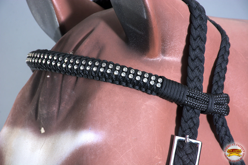 Hilason Flat Braided Paracord Horse Headstall Bridle Black W/ Crystals