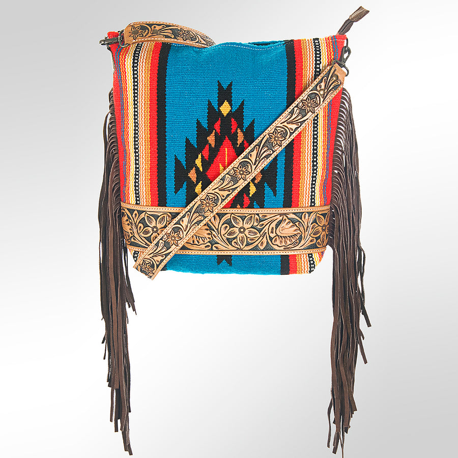 American Darling Large Cross body Bag - Western Genuine Leather Hand Tooled Floral Purse with Woven Saddle Blanket & Fringe