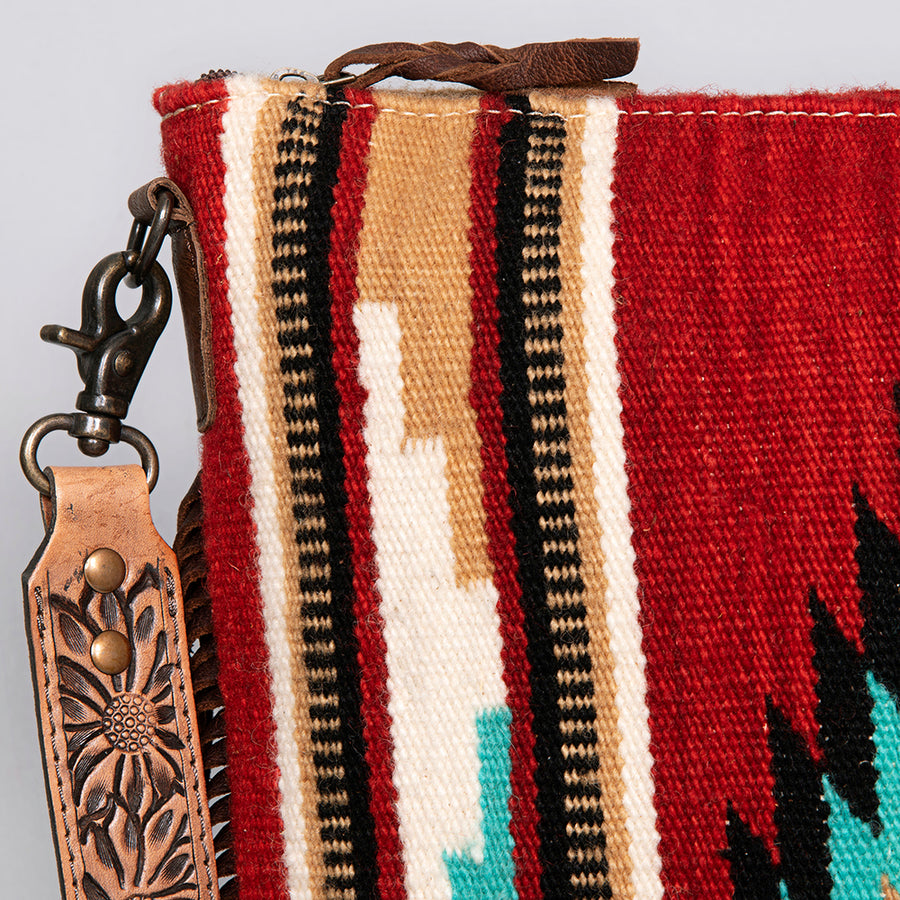 American Darling Large Cross body Bag - Western Genuine Leather Hand Tooled Floral Purse with Woven Saddle Blanket & Fringe