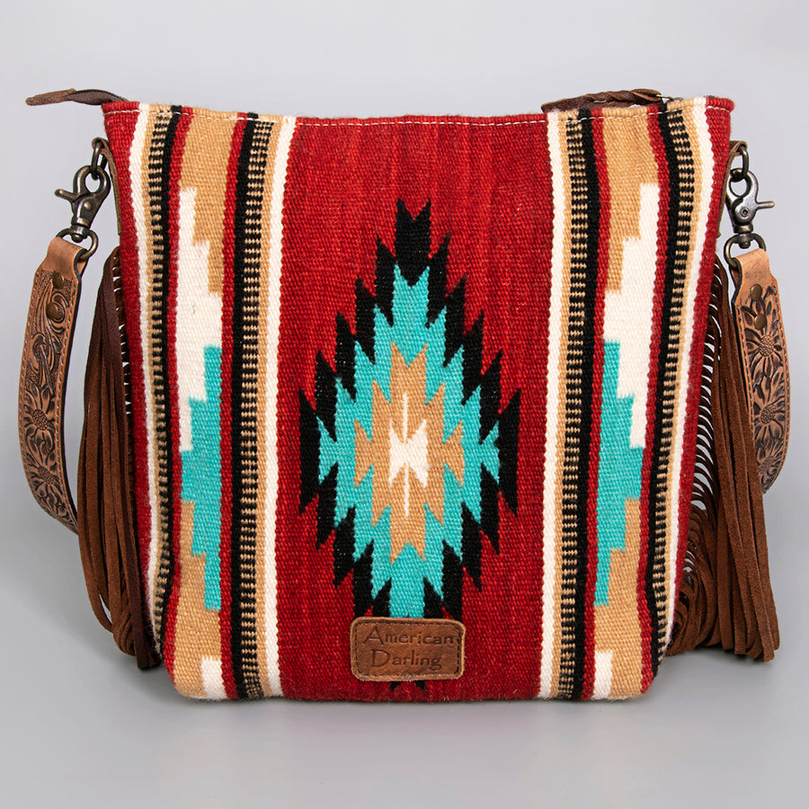 American Darling Large Cross body Bag - Western Genuine Leather Hand Tooled Floral Purse with Woven Saddle Blanket & Fringe