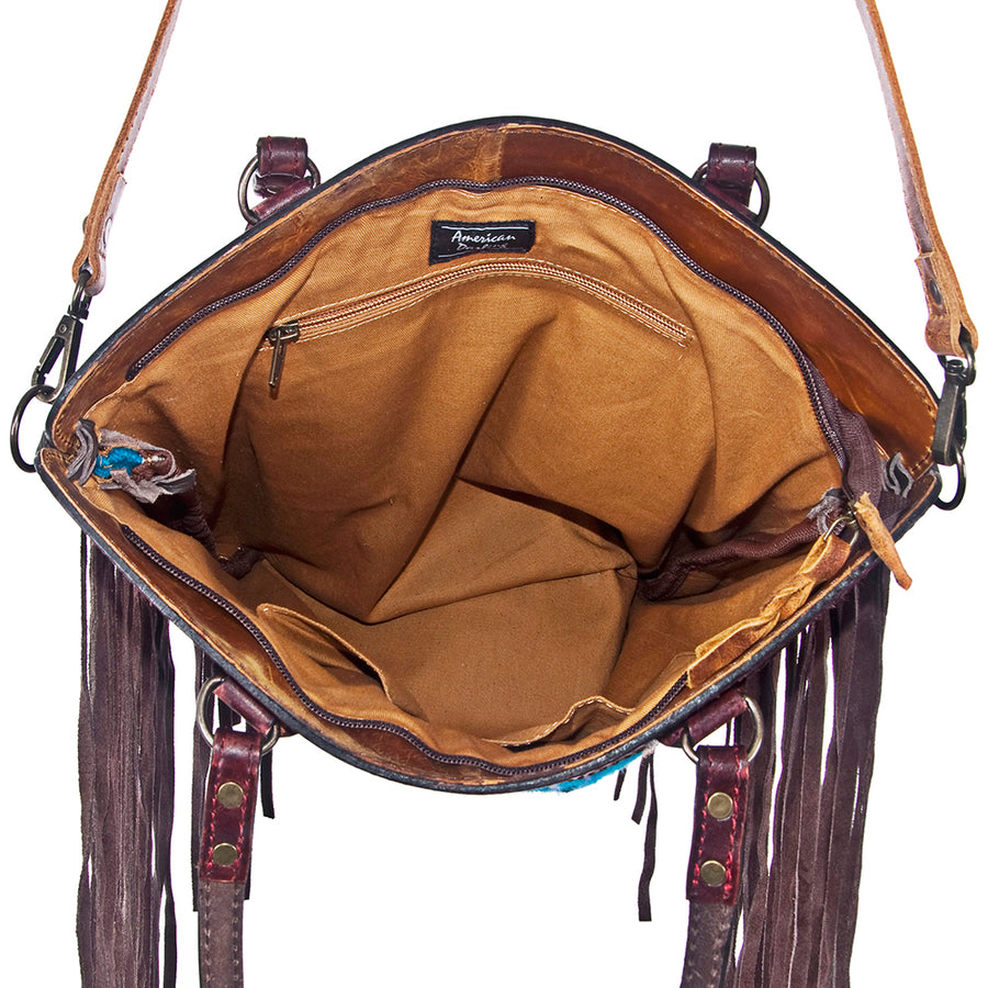 American Darling Large Cross body Bag - Western Genuine Leather Hand Tooled Floral Purse with Woven Saddle Blanket & Fringe