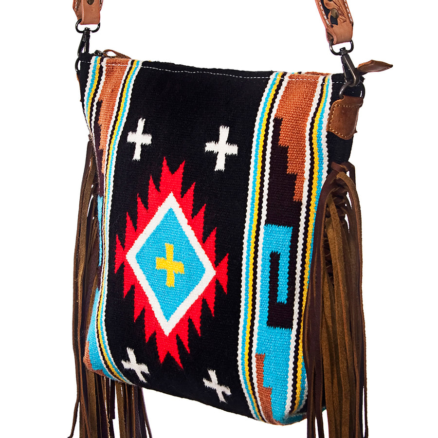 American Darling Large Cross body Bag - Western Genuine Leather Hand Tooled Floral Purse with Woven Saddle Blanket & Fringe