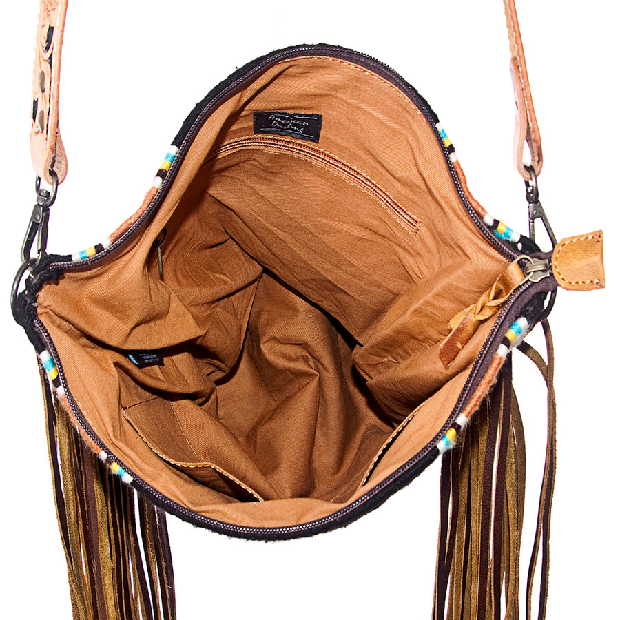 American Darling Large Cross body Bag - Western Genuine Leather Hand Tooled Floral Purse with Woven Saddle Blanket & Fringe