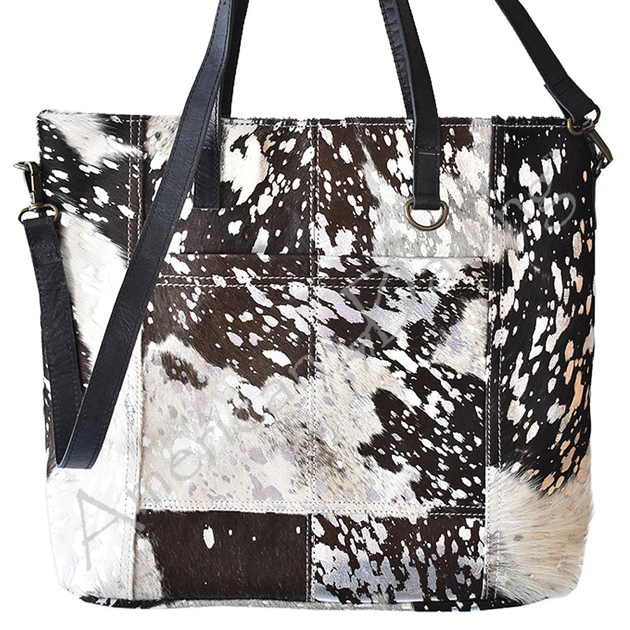 Patchwork cowhide tote bag with black and white speckled pattern - Uhorse