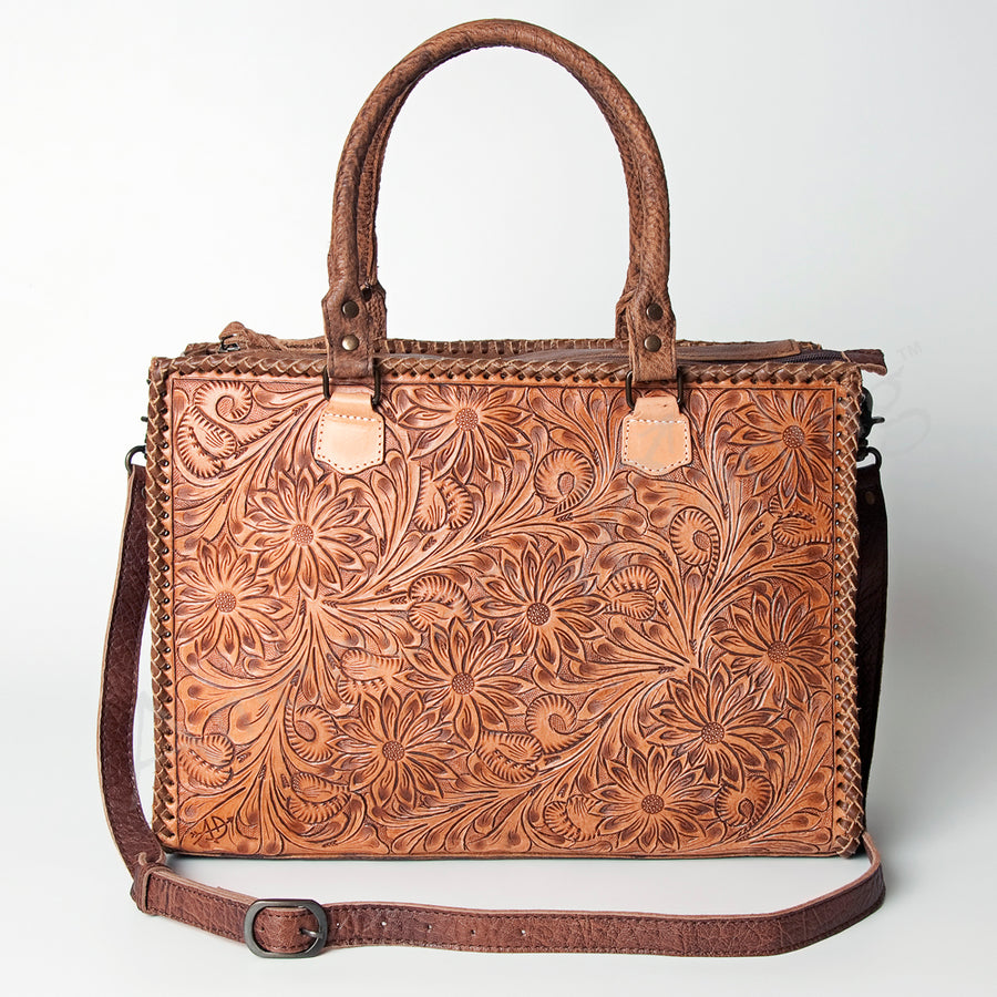 American Darling Tote Bag - Western Leather Hand Tooled Floral Carved Purse with Braided Detailing & Secure YKK Zipper