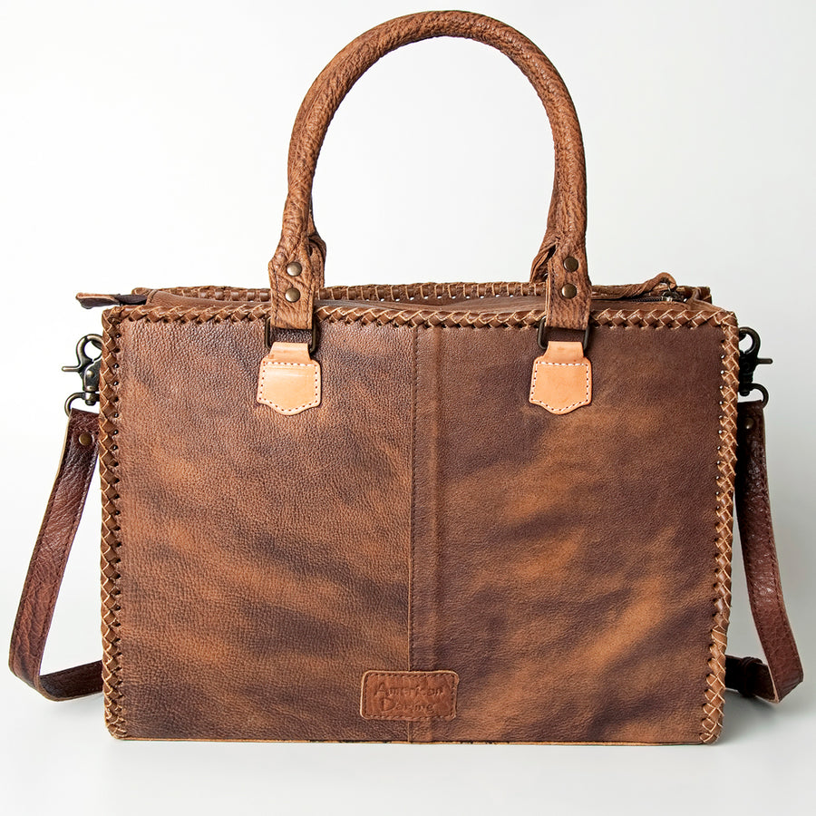 American Darling Tote Bag - Western Leather Hand Tooled Floral Carved Purse with Braided Detailing & Secure YKK Zipper