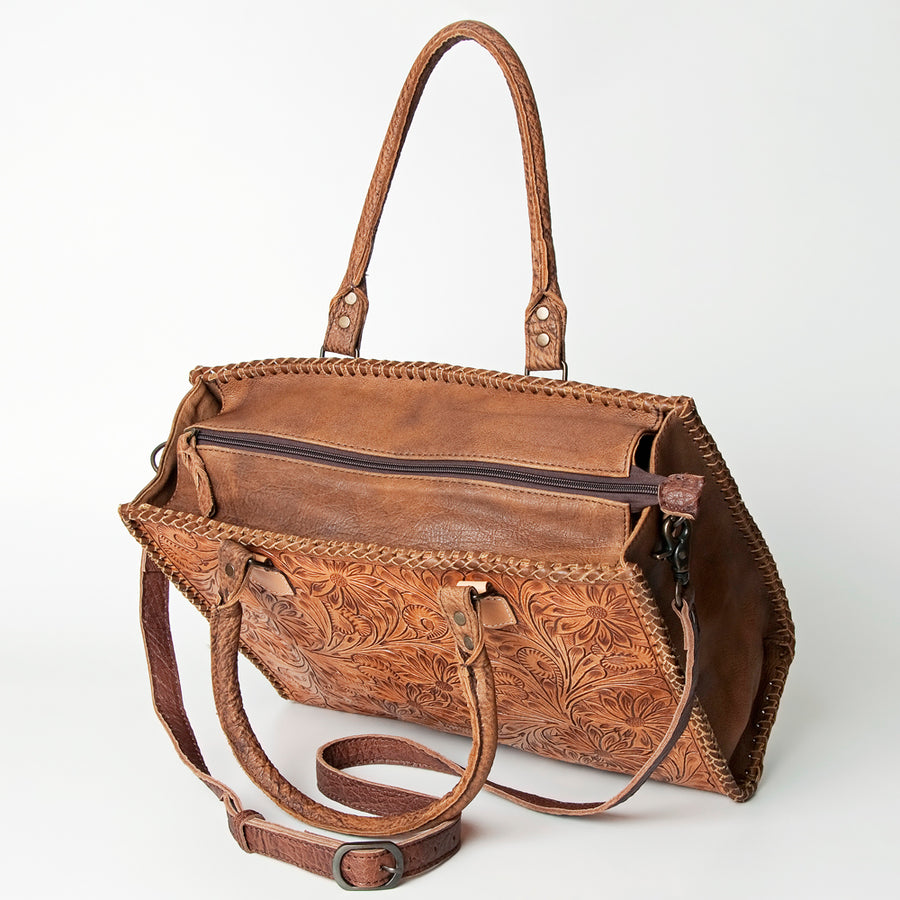 American Darling Tote Bag - Western Leather Hand Tooled Floral Carved Purse with Braided Detailing & Secure YKK Zipper