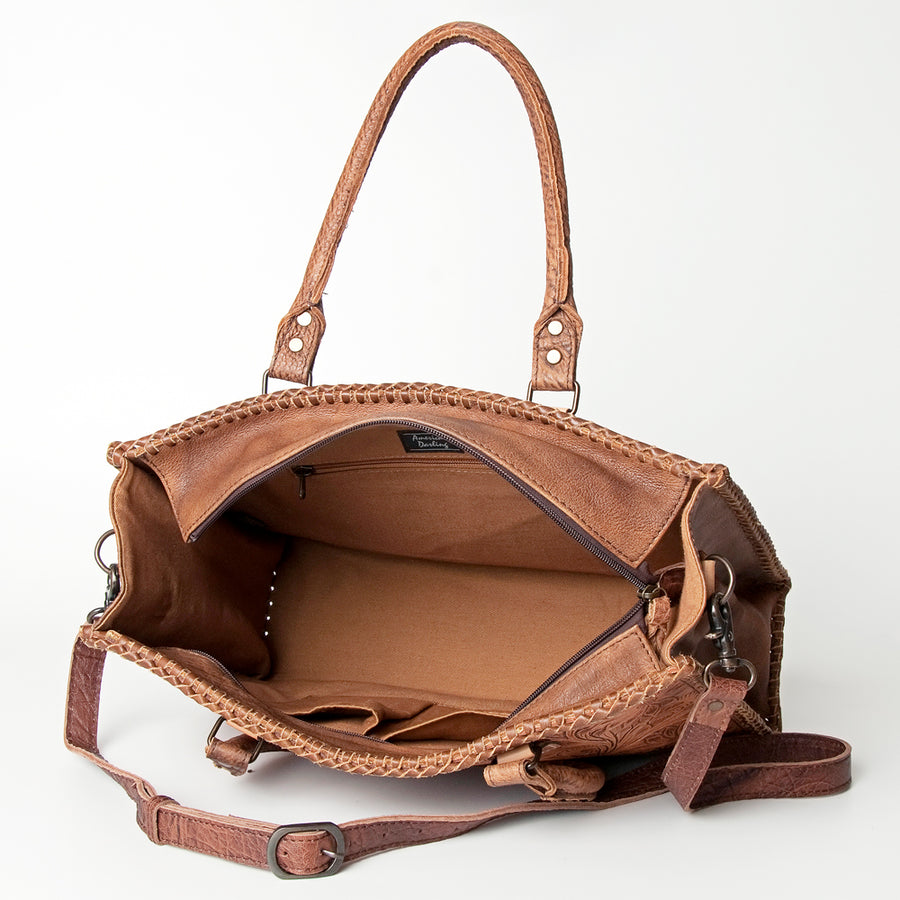 American Darling Tote Bag - Western Leather Hand Tooled Floral Carved Purse with Braided Detailing & Secure YKK Zipper