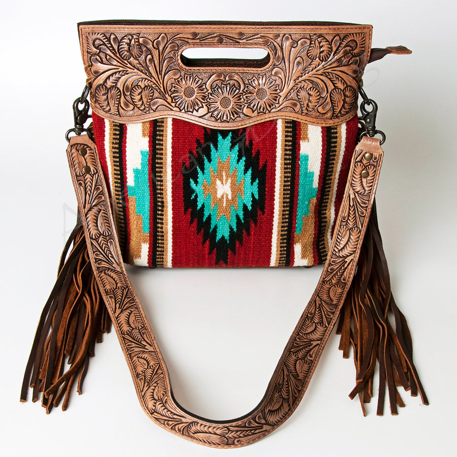 American Darling Signature Cross Body Bag Handcrafted from Hand Tooled Leather and Woven Saddle Blanket with Side Fringes