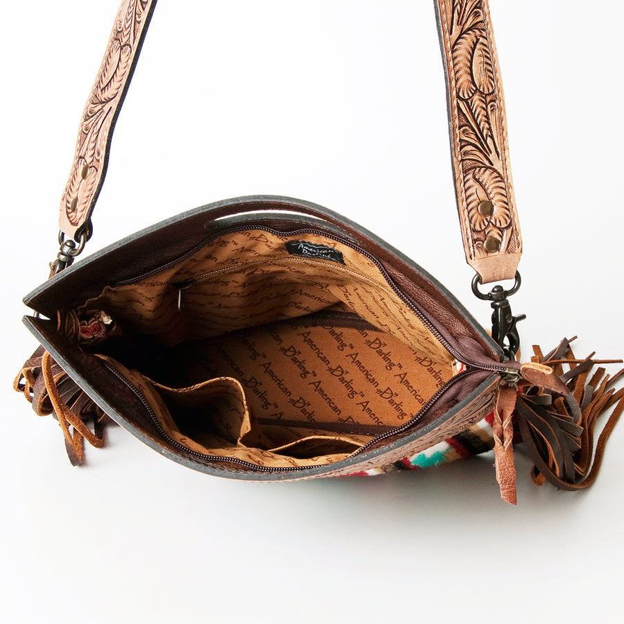 American Darling Signature Cross Body Bag Handcrafted from Hand Tooled Leather and Woven Saddle Blanket with Side Fringes