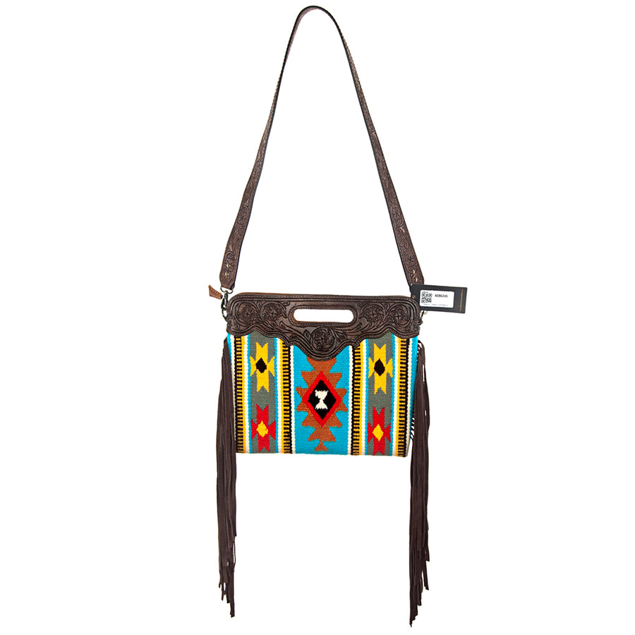 American Darling Signature Cross Body Bag Handcrafted from Woven Saddle Blanket & Hand Tooled Genuine Leather with Fringes