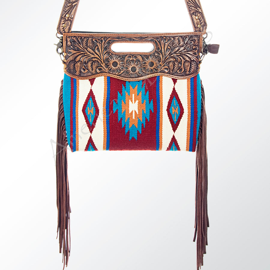 American Darling Signature Cross body Bag Handcrafted from Woven Saddle Blanket & Hand Tooled Genuine Leather with Fringes