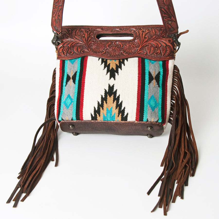 American Darling Signature Cross body Bag Handcrafted from Hand Tooled Leather and Woven Saddle Blanket with Side Fringes