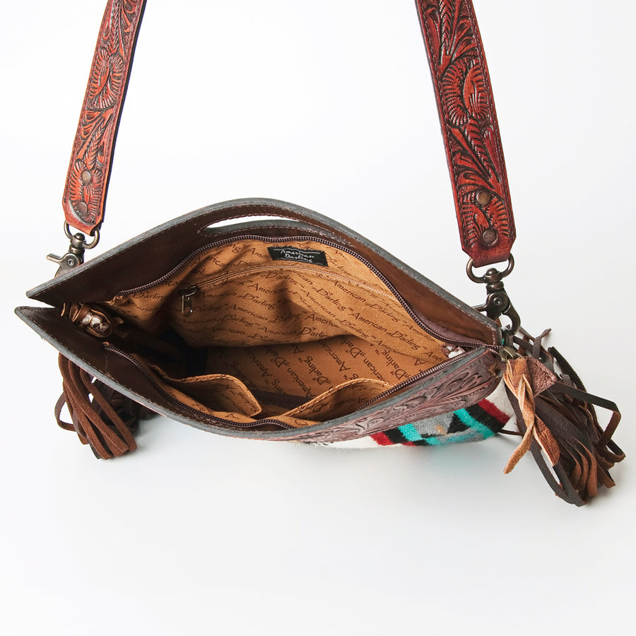 American Darling Signature Cross body Bag Handcrafted from Hand Tooled Leather and Woven Saddle Blanket with Side Fringes