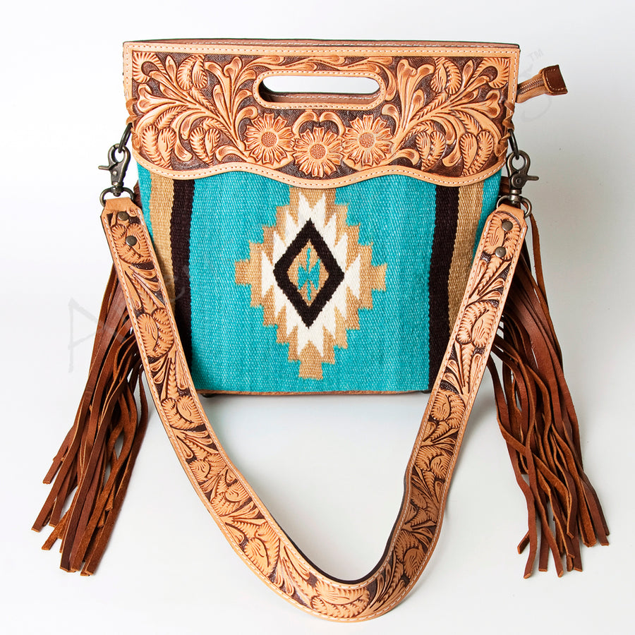 American Darling Signature Cross body Bag, Hand Tooled Floral Leather, Woven Saddle Blanket with Fringes, Western Crossbody