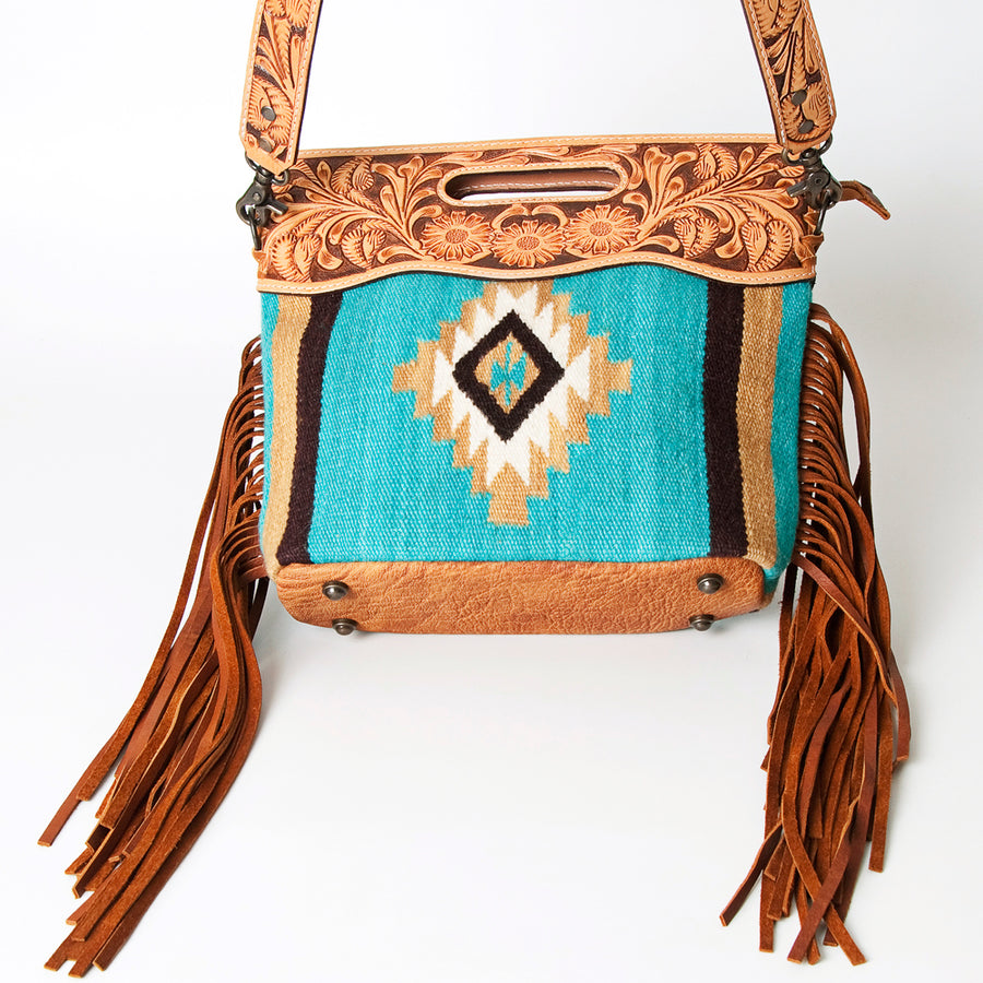 American Darling Signature Cross body Bag, Hand Tooled Floral Leather, Woven Saddle Blanket with Fringes, Western Crossbody