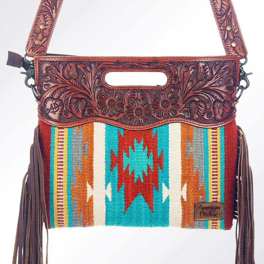 American Darling Signature Cross body Bag, Hand Tooled Floral Leather, Hand Woven Saddle Blanket with Fringes, Western Purse