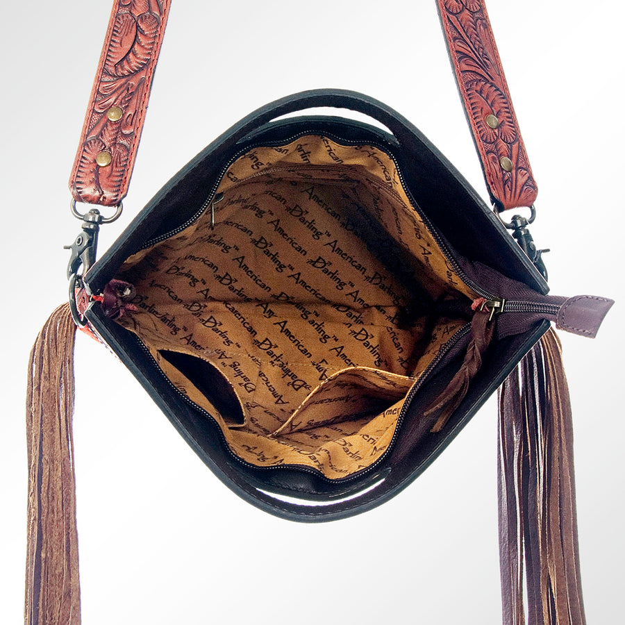 American Darling Signature Cross body Bag, Hand Tooled Floral Leather, Hand Woven Saddle Blanket with Fringes, Western Purse