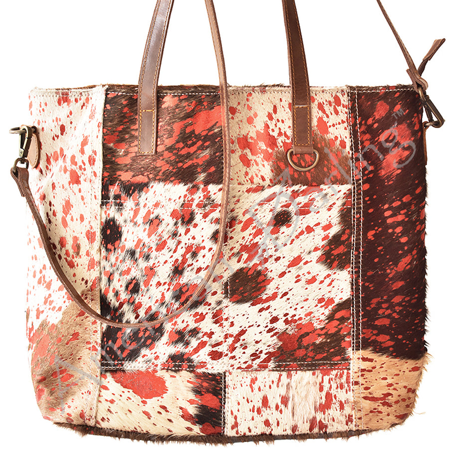Cowhide patchwork tote bag with leather handles - Uhorse