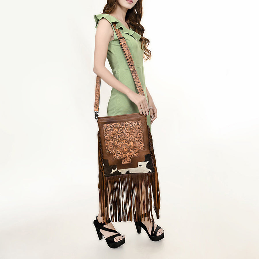 American Darling Messenger Bag, Hand Tooled Floral Leather, Hair-On Cowhide with Fringes, Western Crossbody Travel Purse