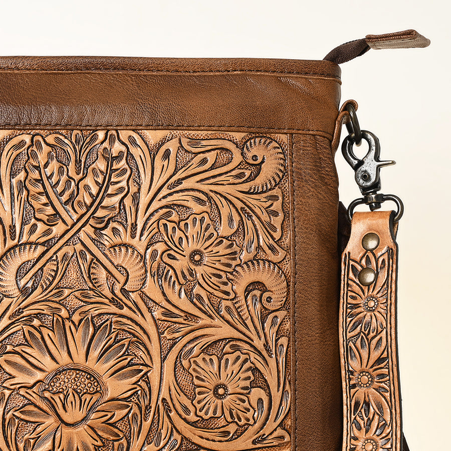 American Darling Messenger Bag, Hand Tooled Floral Leather, Hair-On Cowhide with Fringes, Western Crossbody Travel Purse