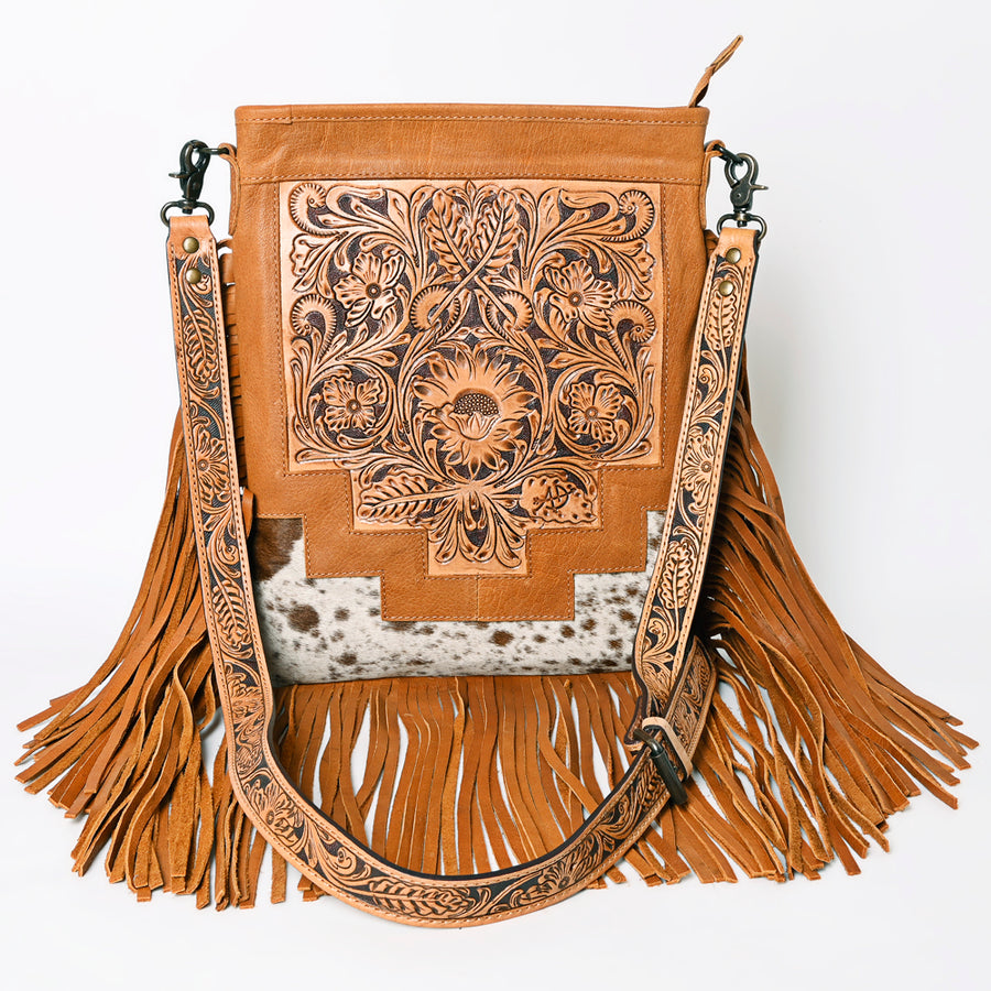 American Darling Messenger Bag, Hand Tooled Floral Leather, Hair-On Cowhide with Fringes, Western Crossbody Travel Purse