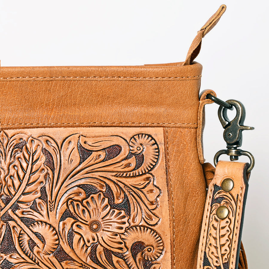 American Darling Messenger Bag, Hand Tooled Floral Leather, Hair-On Cowhide with Fringes, Western Crossbody Travel Purse