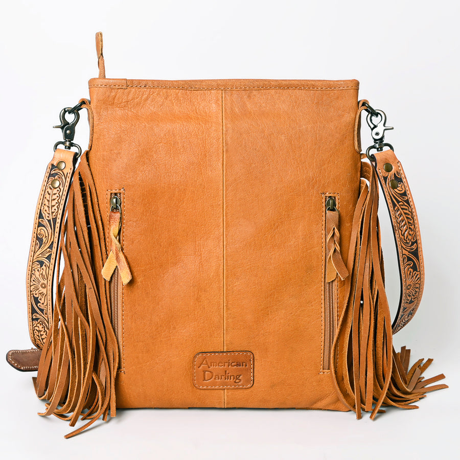 American Darling Messenger Bag, Hand Tooled Floral Leather, Hair-On Cowhide with Fringes, Western Crossbody Travel Purse