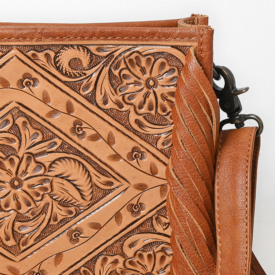 American Darling Cross Body Bag, Hand Tooled Floral Leather, Genuine Vegetable-Tanned Full Grain Leather Purse with Fringes