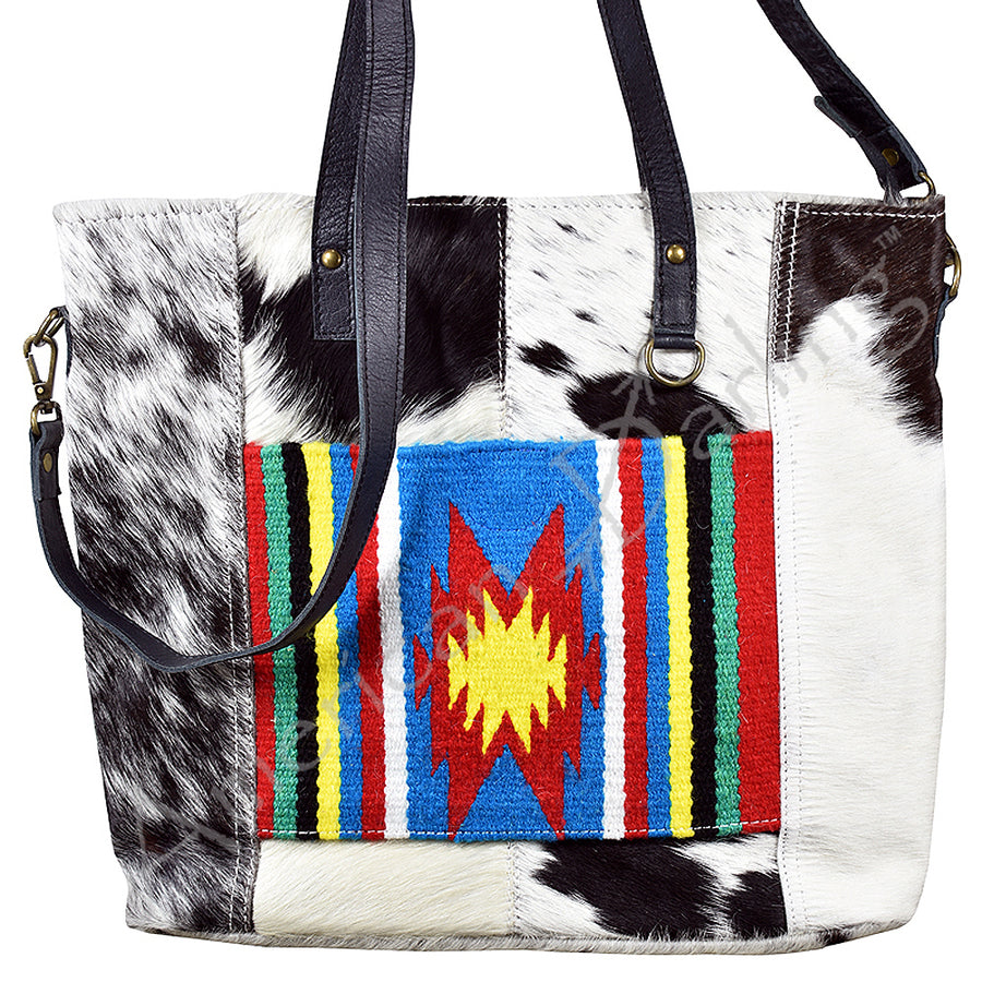 Black and white cowhair leather tote bag with colorful woven geometric panel - Uhorse