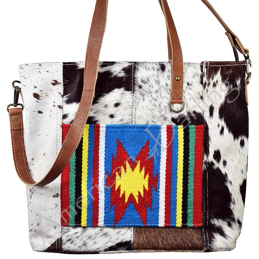Cowhide leather tote bag with serape stripe panel - Uhorse