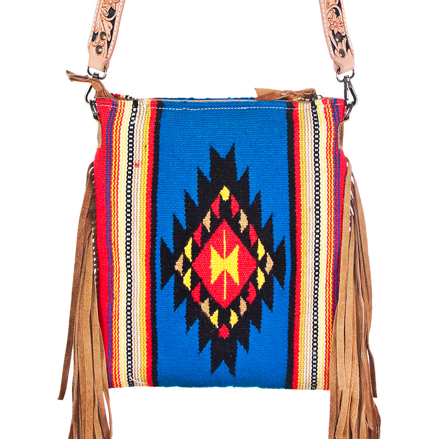 American Darling Large Cross body Bag, Hand Tooled Floral Leather, Hand Woven Saddle Blanket with Fringes, Western Crossbody