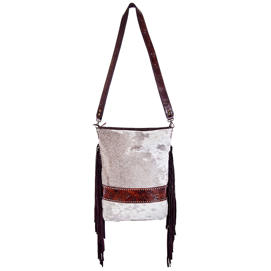 American Darling Large Cross body Bag Handcrafted from Hair-On Cowhide & Hand Tooled Genuine Leather with Fringes