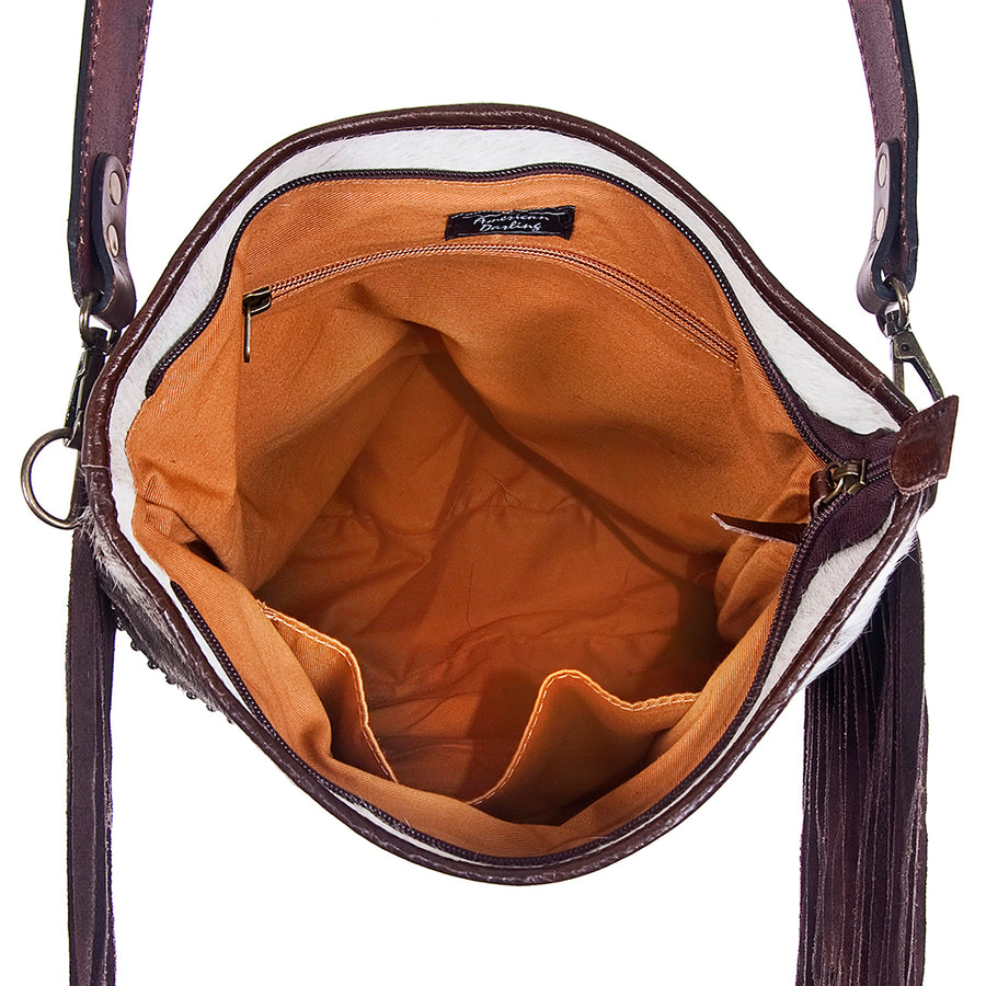 American Darling Large Cross body Bag Handcrafted from Hair-On Cowhide & Hand Tooled Genuine Leather with Fringes