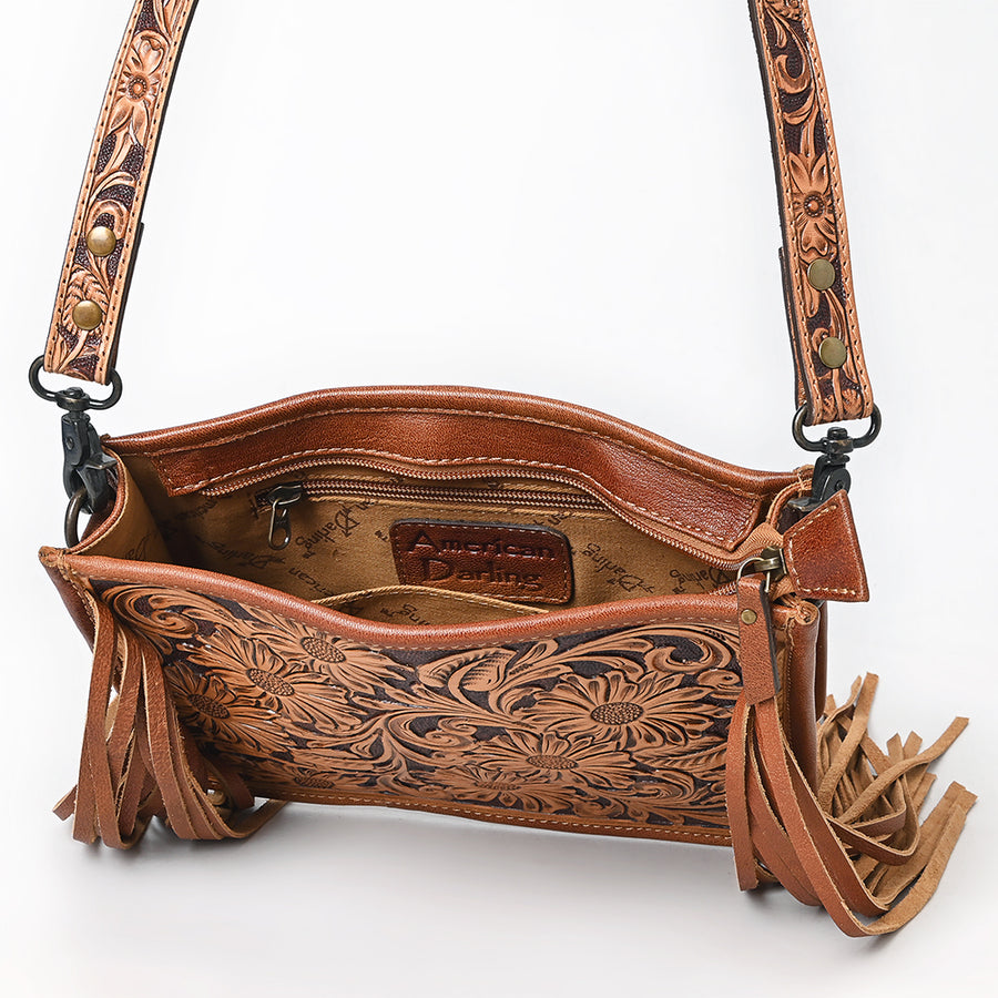 American Darling Messenger Bag Handcrafted from Hand Tooled Floral Carved Genuine Leather with Fringes and YKK Zipper