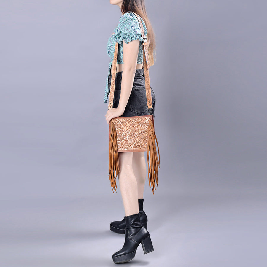 American Darling Messenger Bag Handcrafted from Hand Tooled Floral Carved Genuine Leather with Fringes and YKK Zipper