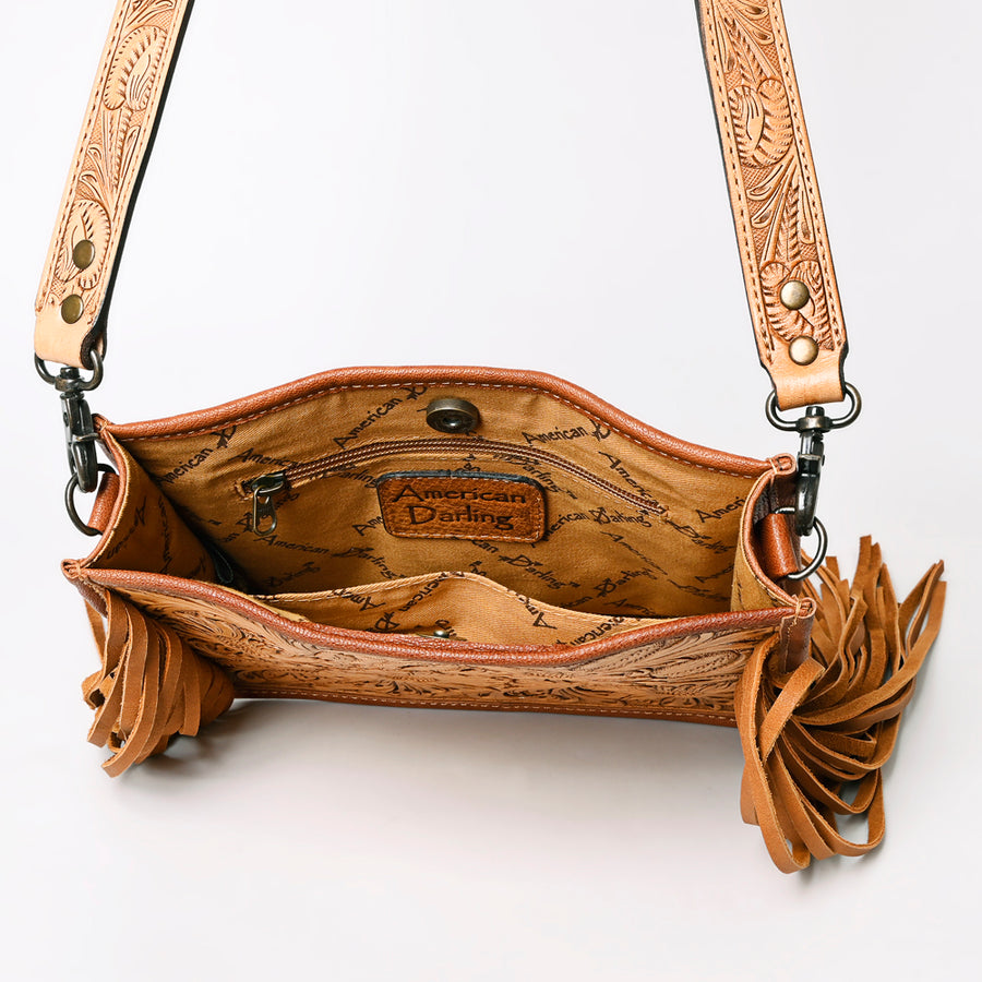 American Darling Messenger Bag Handcrafted from Hand Tooled Floral Carved Genuine Leather with Fringes and YKK Zipper