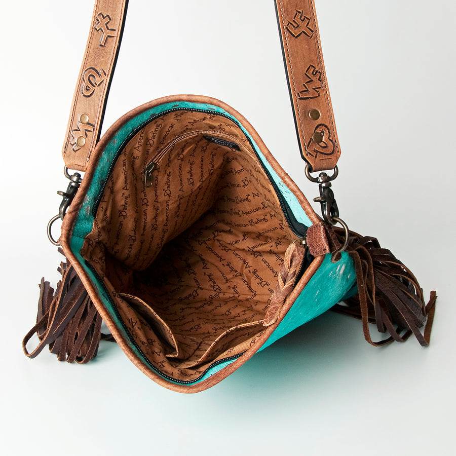 American Darling Large Cross body Bag Handcrafted from Hair-On Cowhide & Hand Tooled Genuine Leather with Fringes