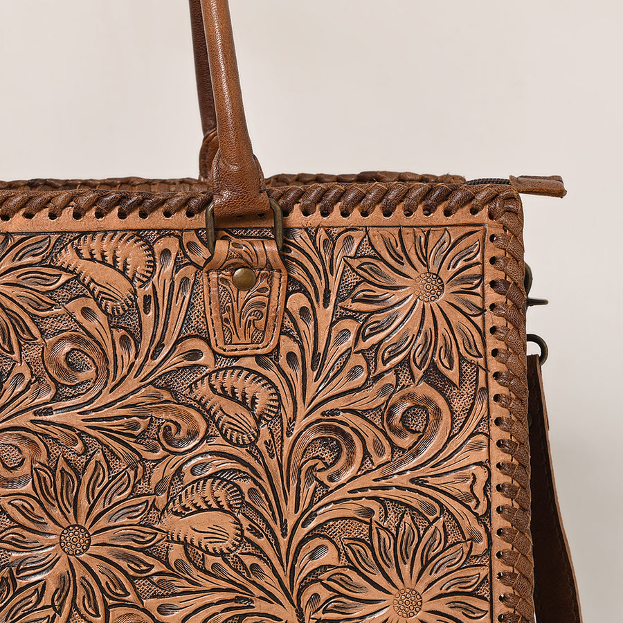 American Darling Tote Bag - Western Leather Hand Tooled Floral Carved Purse with Braided Detailing & Secure YKK Zipper